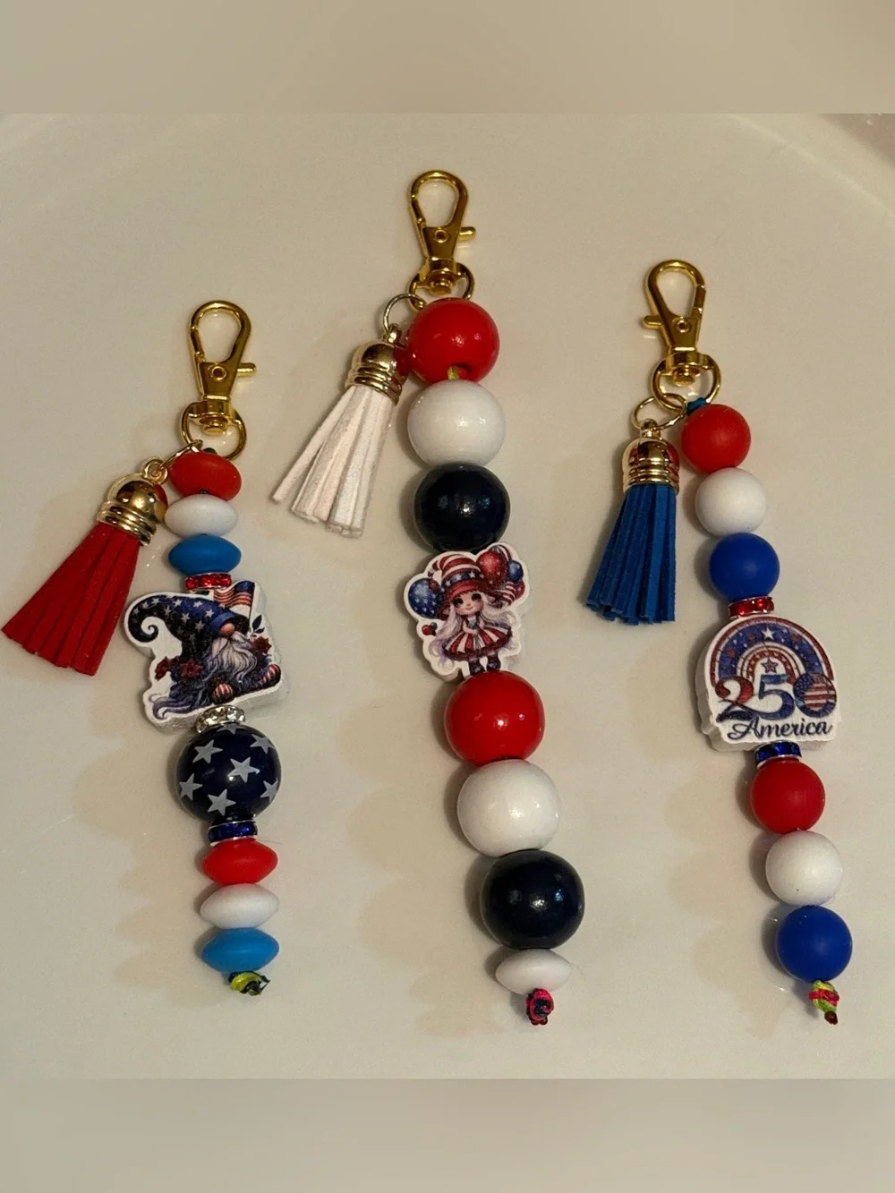 Patriotic 4th of July Beaded Pen Keychain Wristlet Set USA Gnome Gift BTJ